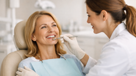 Odontóloga realizando una revisión de implantes dentales a una paciente en una clínica moderna
