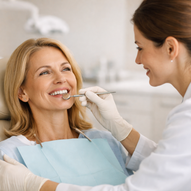 Odontóloga realizando una revisión de implantes dentales a una paciente en una clínica moderna