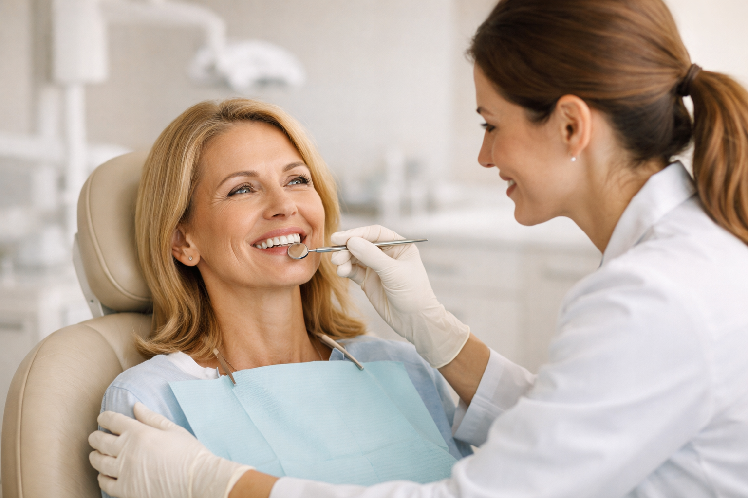 Odontóloga realizando una revisión de implantes dentales a una paciente en una clínica moderna