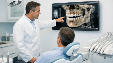 Dentista revisando una radiografía para planificar un injerto de hueso dental antes de colocar implantes