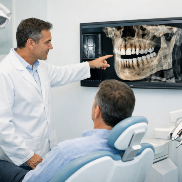 Dentista revisando una radiografía para planificar un injerto de hueso dental antes de colocar implantes