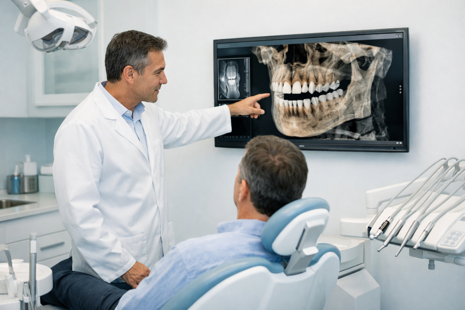 Dentista revisando una radiografía para planificar un injerto de hueso dental antes de colocar implantes