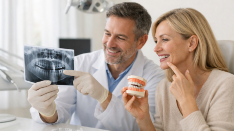 Dentista planificando un tratamiento de ortodoncia para una paciente con implante dental