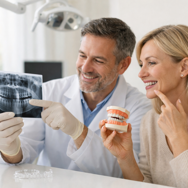 Dentista planificando un tratamiento de ortodoncia para una paciente con implante dental