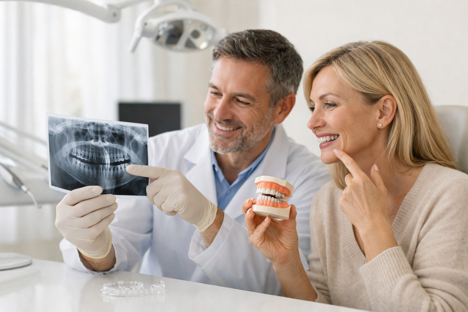 Dentista planificando un tratamiento de ortodoncia para una paciente con implante dental