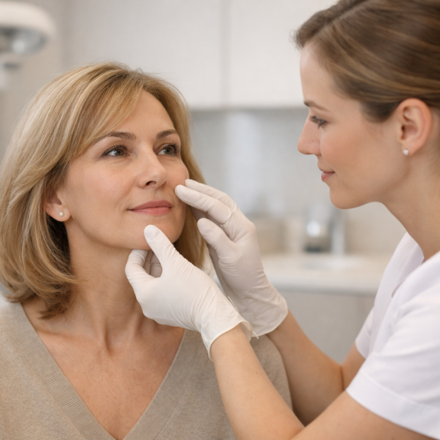 Consulta de medicina estética para valorar las arrugas del código de barras sobre el labio superior