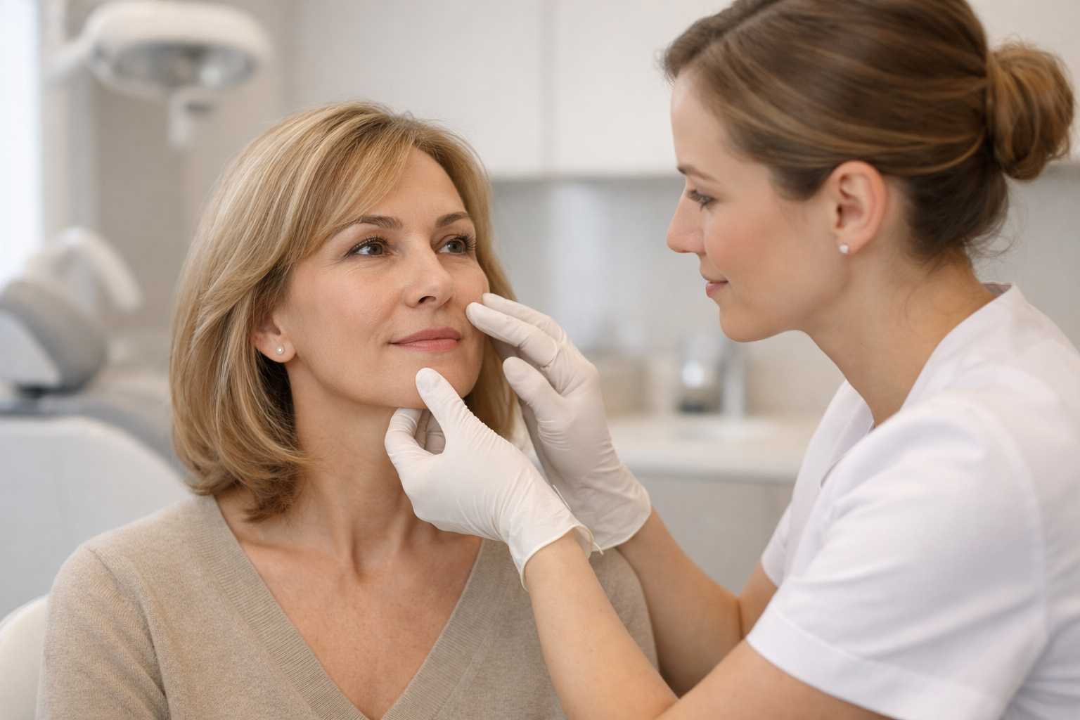 Consulta de medicina estética para valorar las arrugas del código de barras sobre el labio superior