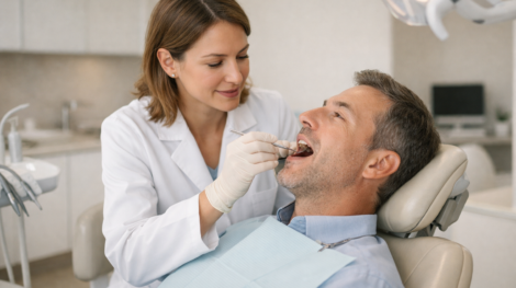 Odontóloga realizando una revisión de encías a un paciente en una clínica dental moderna