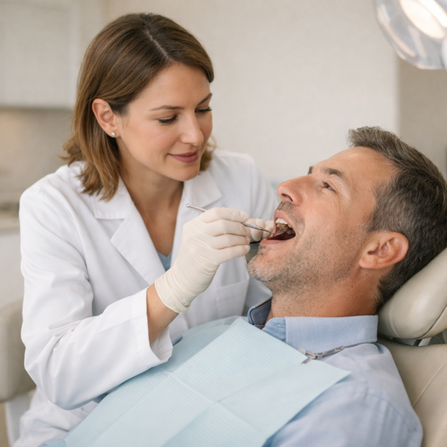 Odontóloga realizando una revisión de encías a un paciente en una clínica dental moderna