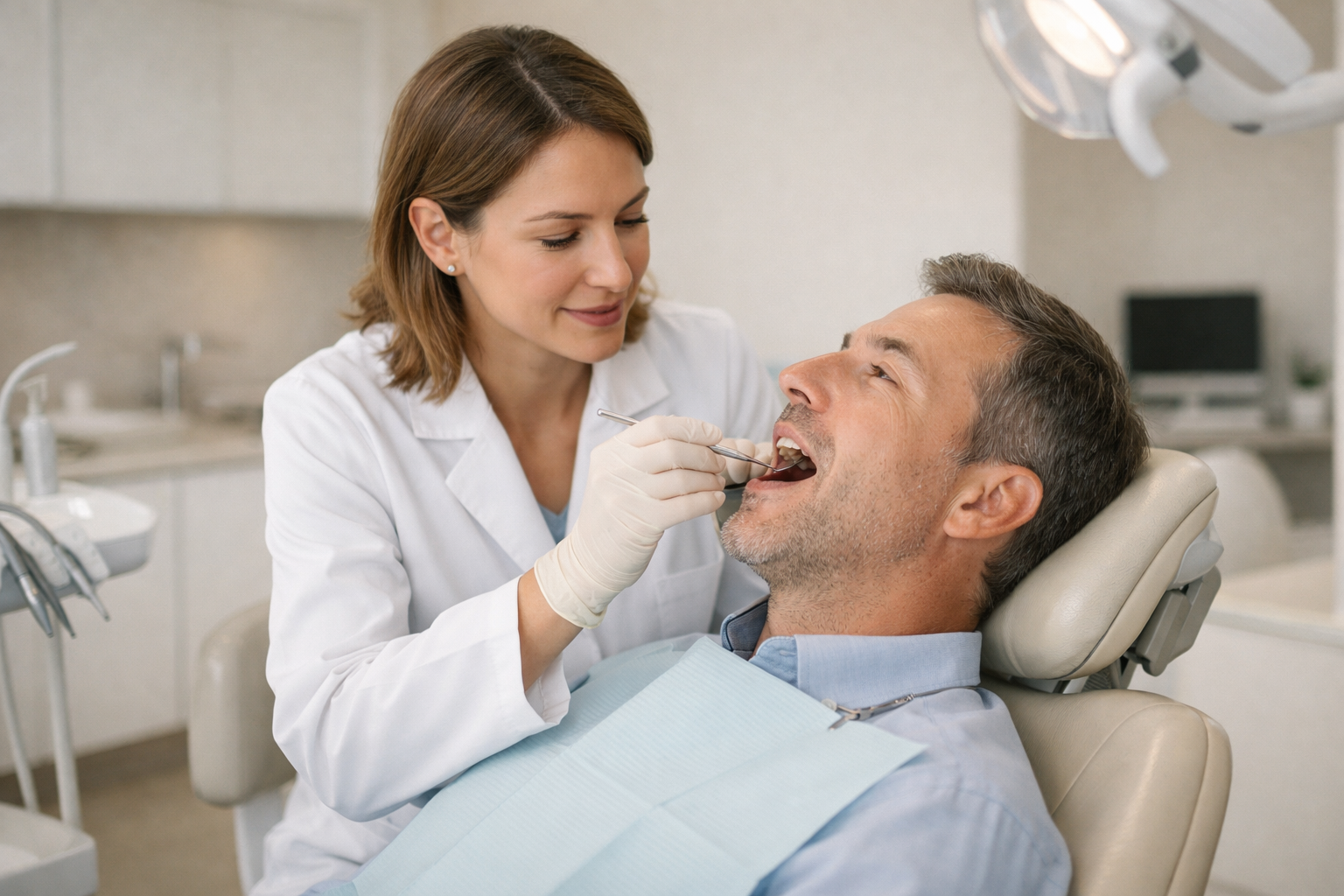 Odontóloga realizando una revisión de encías a un paciente en una clínica dental moderna