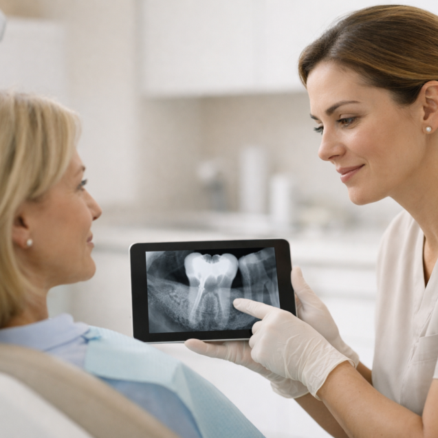 Odontóloga revisando una muela tratada con endodoncia para valorar la colocación de una corona dental.