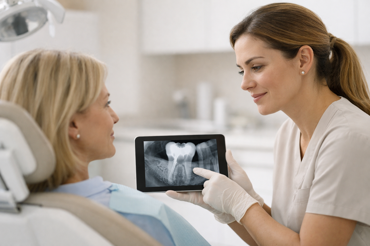 Odontóloga revisando una muela tratada con endodoncia para valorar la colocación de una corona dental.