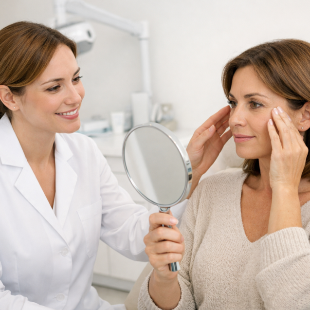 Profesional sanitaria valorando ojeras hundidas en una consulta de medicina estética
