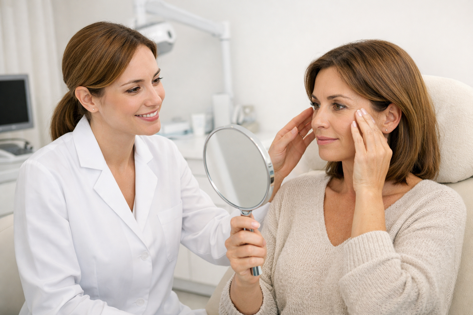 Profesional sanitaria valorando ojeras hundidas en una consulta de medicina estética